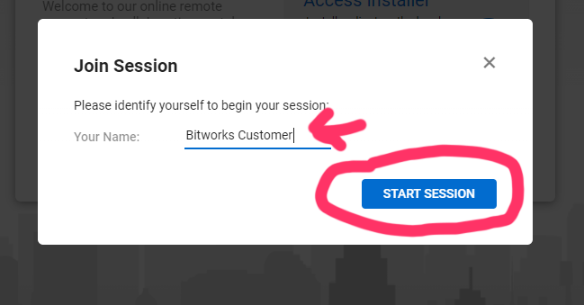Add your name to start session dialog