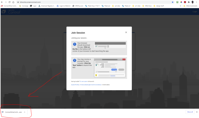 bitworks.screenconnect.com join session download in left corner remote support