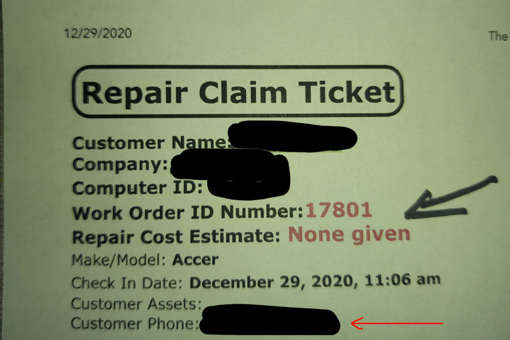 Repair Claim Ticket showing work order