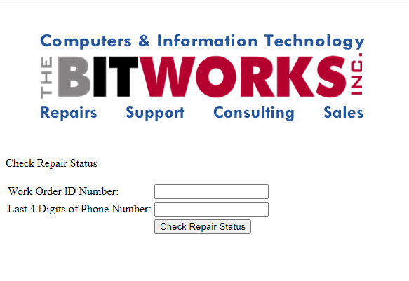 Repair status page to enter work id and phone number
